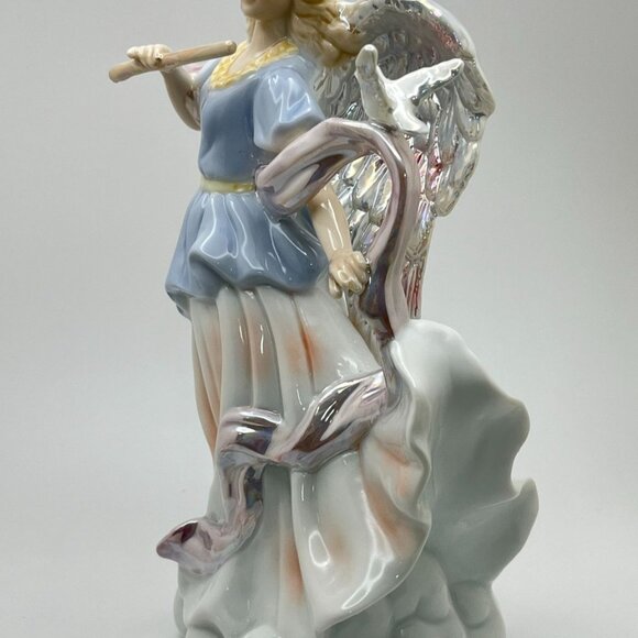 Vintage Porcelain Angel Figurine Playing Flute and Dove Iridescent Musician Gift - Picture 4 of 7